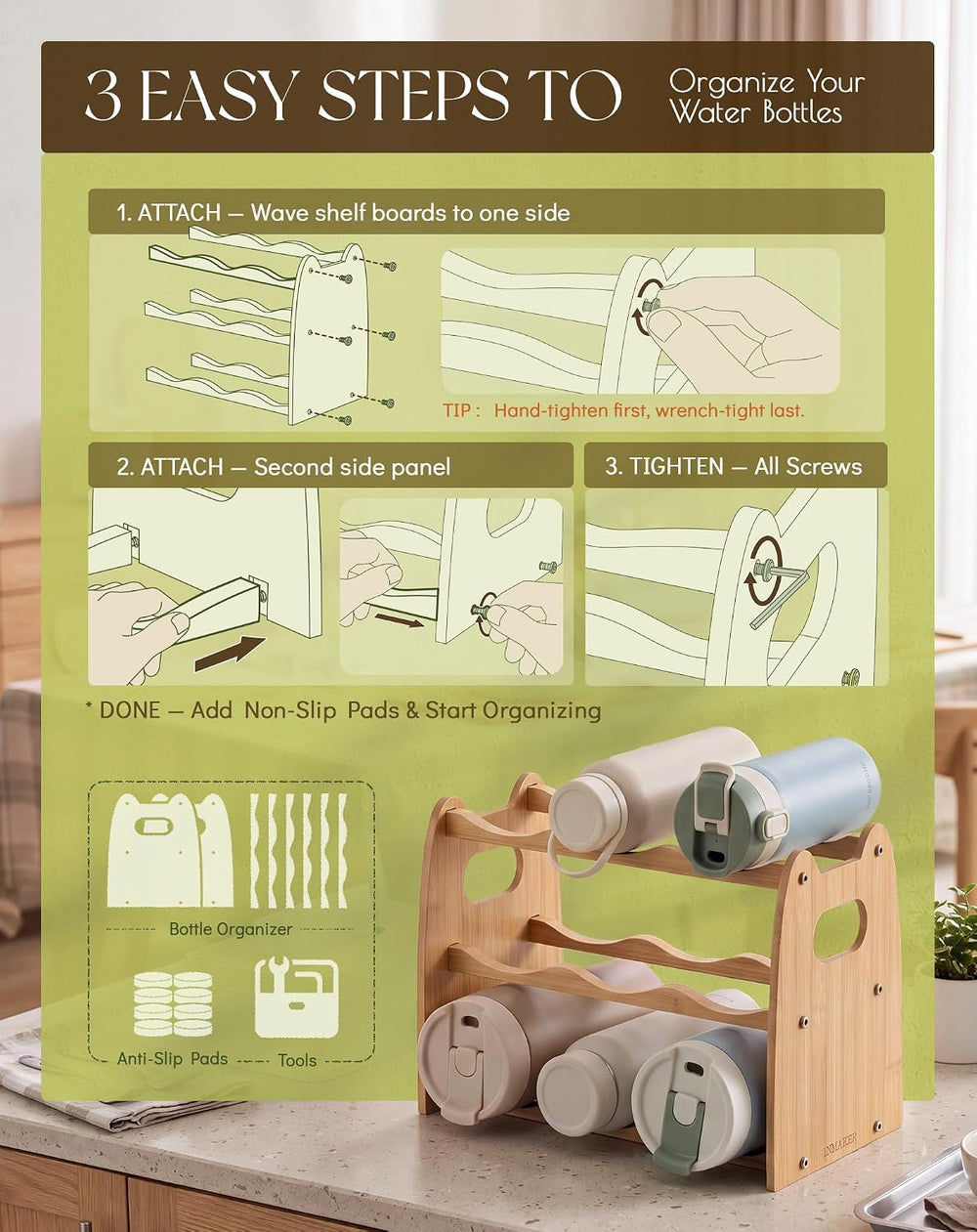 Water Bottle Organizer for Cabinet, 4 Inch Slots for 40oz Tumblers