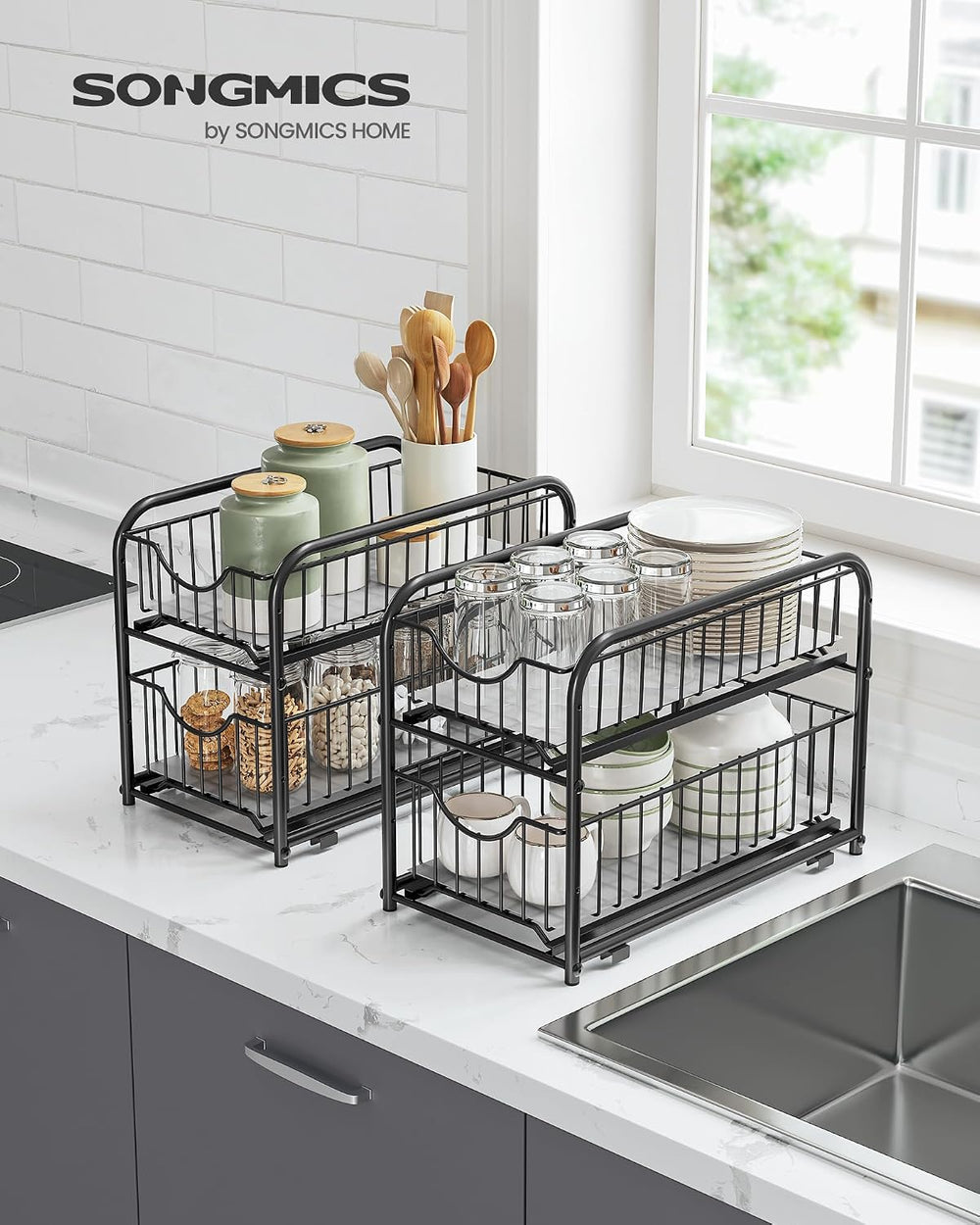 SONGMICS 2-Tier Under Sink Pull Out Organizer, Kitchen Bathroom Spice Rack