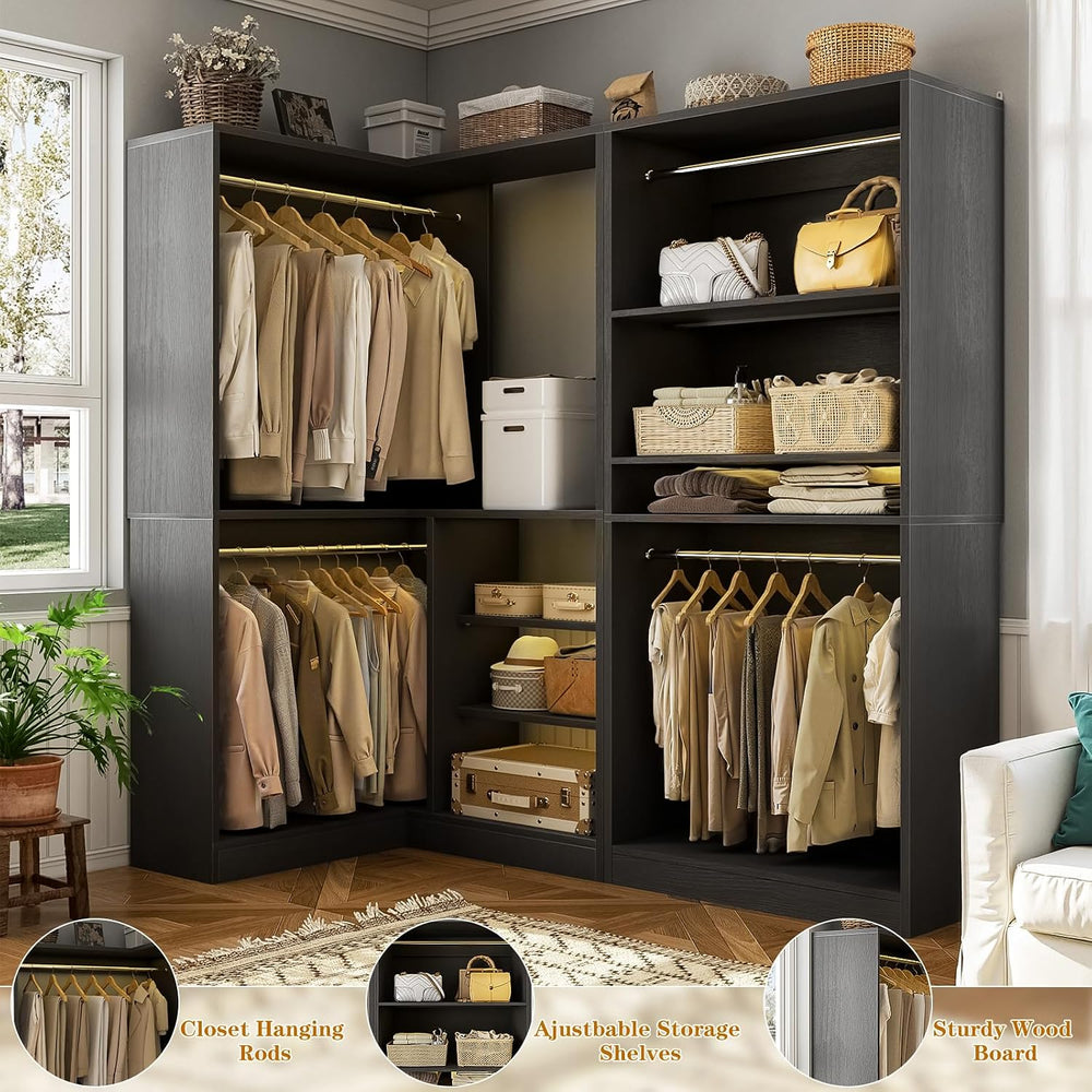 Unikito Corner Closet System, 72" L-Shaped Closet Organizer with 4 Hangi...