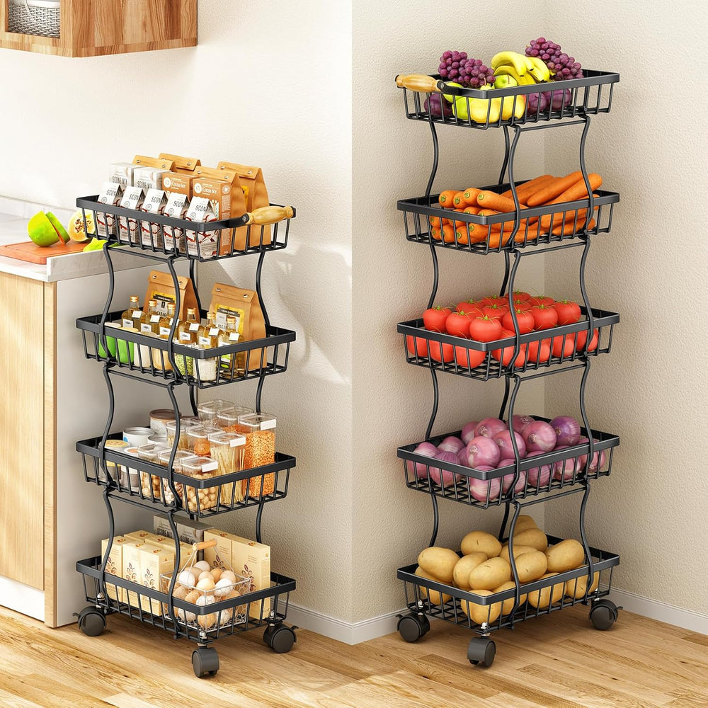 SAYZH 5-Tier Fruit Basket Stand with Vegetable Baskets for Kitchen, Black