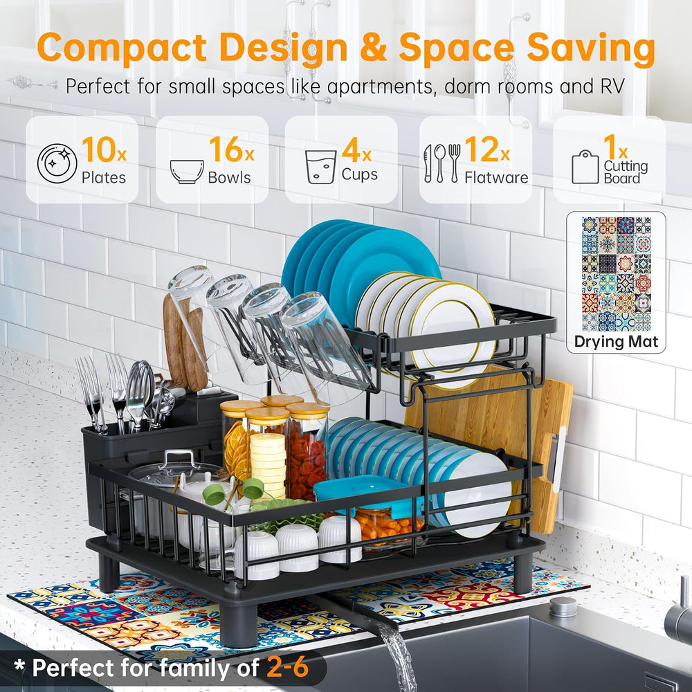 2 Tier Large Detachable Dish Drying Rack for Kitchen Counter,Black