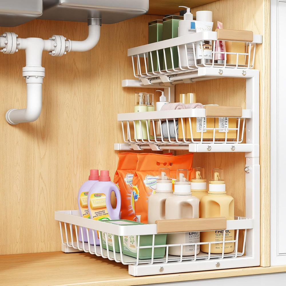 PXRACK Under Sink Organizer, 1-Pack 3-Tier Height Adjustable Thickened Metal ...