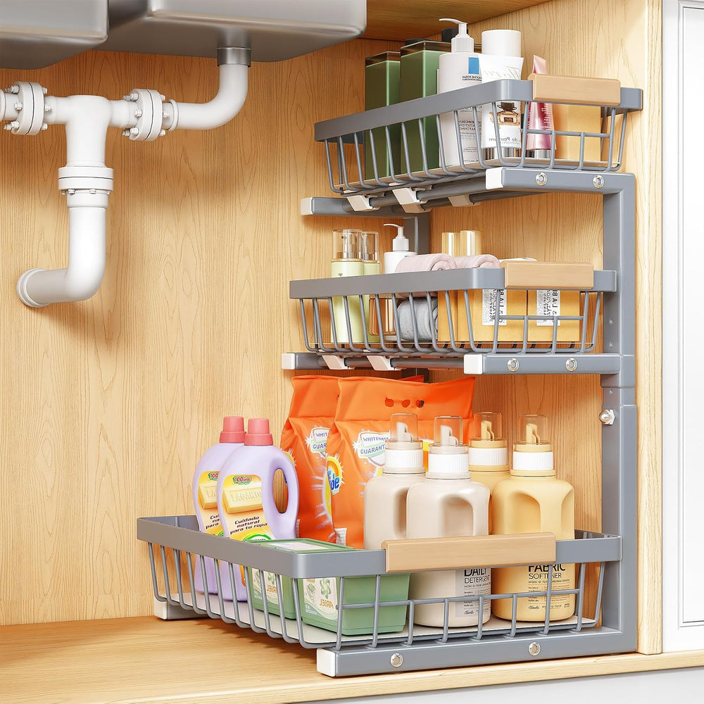 PXRACK Under Sink Organizer, 1-Pack 3-Tier Height Adjustable Thickened Metal ...