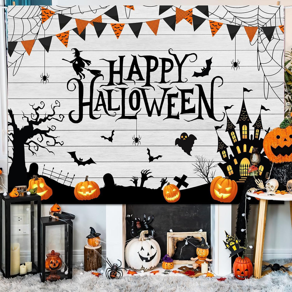 10x8ft Happy Halloween Backdrop Wooden Floor Horror Pumpkin Ghost Castle Witc...