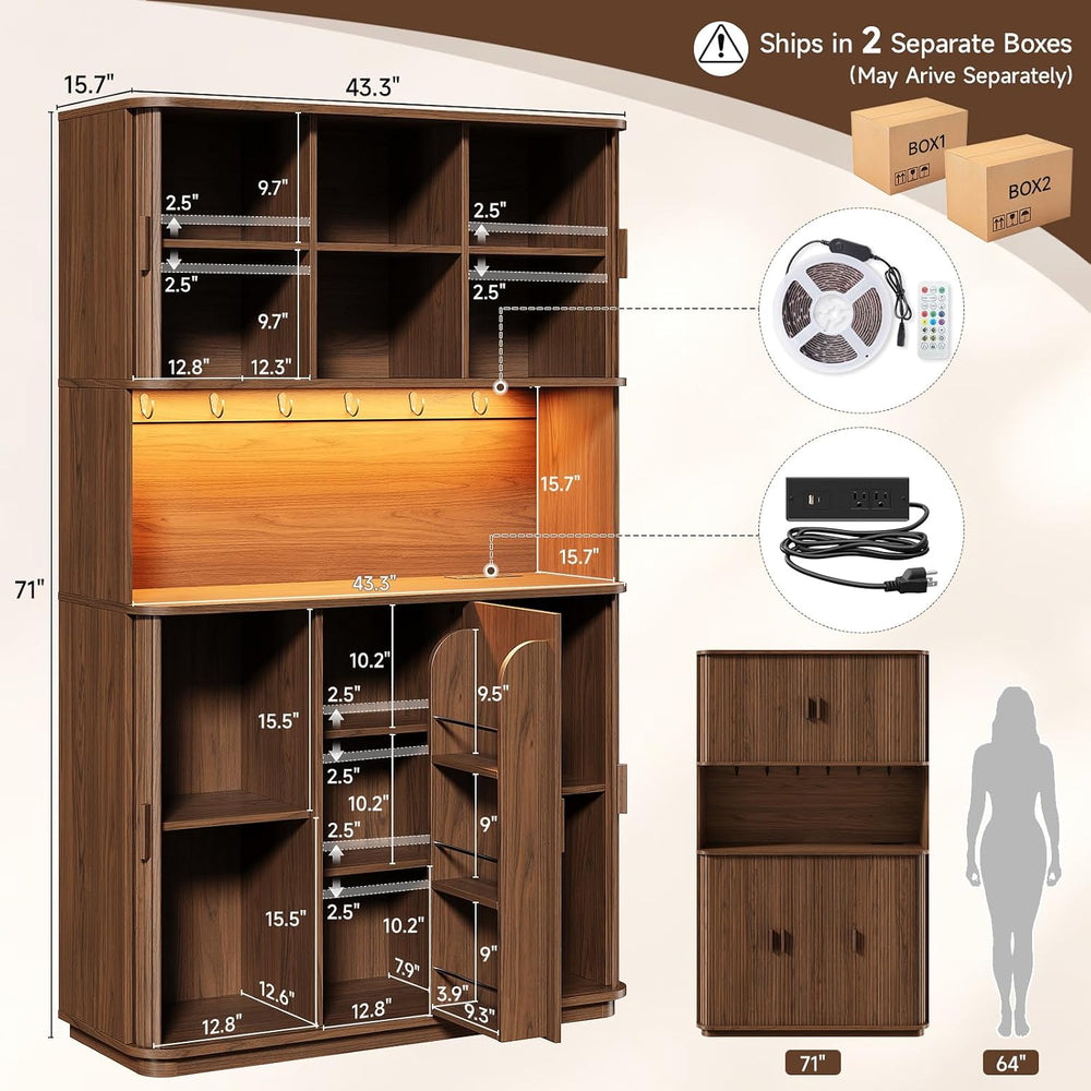 71" Fluted Kitchen Pantry Cabinet Sliding Door, LED Light/Outlet
