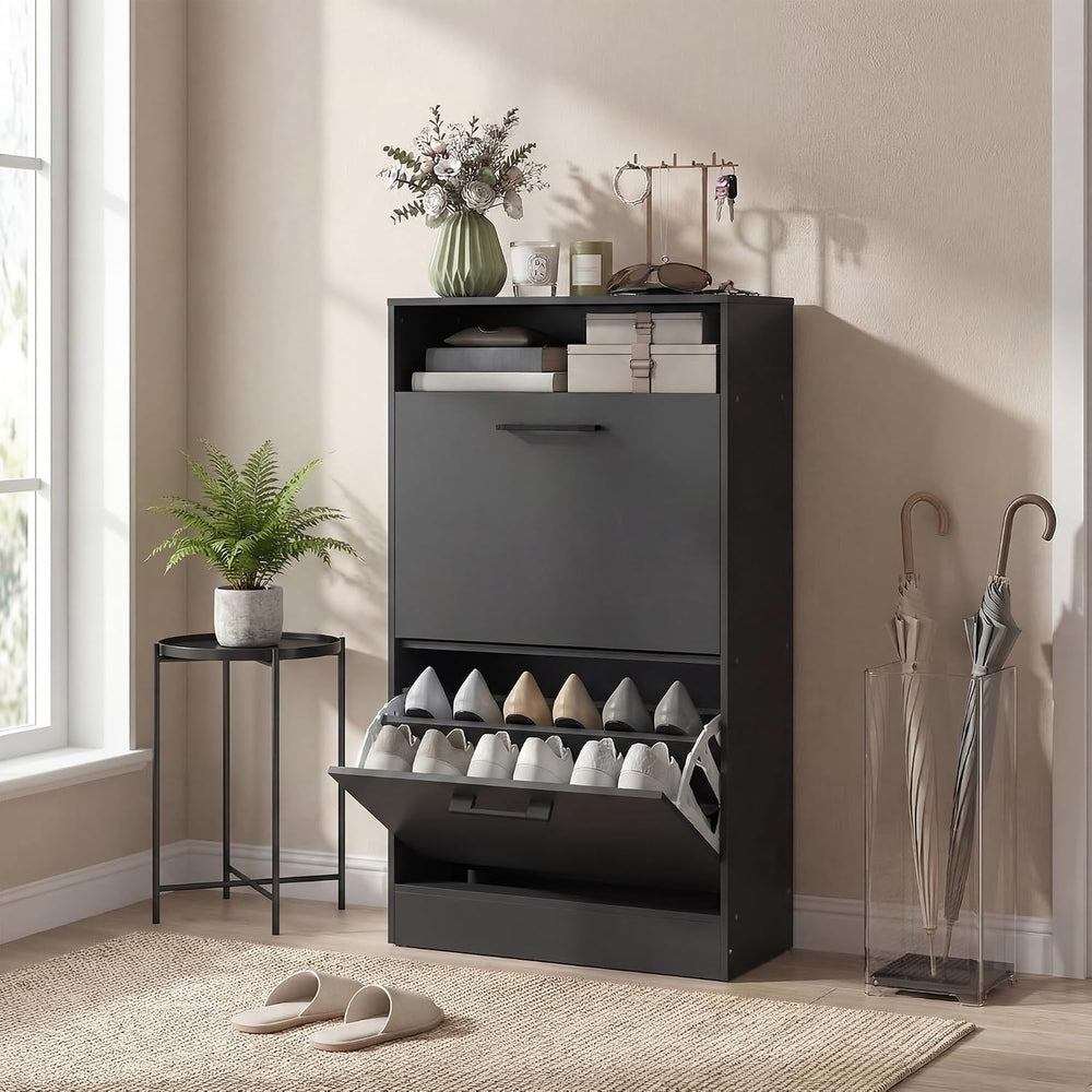 HOMCOM Shoe Cabinet with 2 Flip Drawers, Open Shelf, up to 12 Pairs, Black