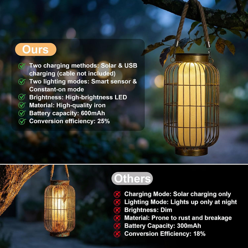 Large Solar Lanterns Outdoor Waterproof for Patio, Dual Charging USB/Solar