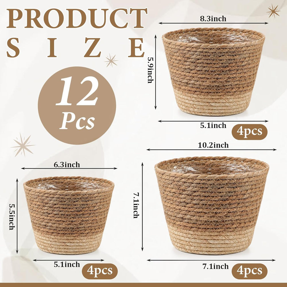 AceOrbit 12 Pcs Wicker Plant Basket Bulk with Liners,Mixed,Minimalist