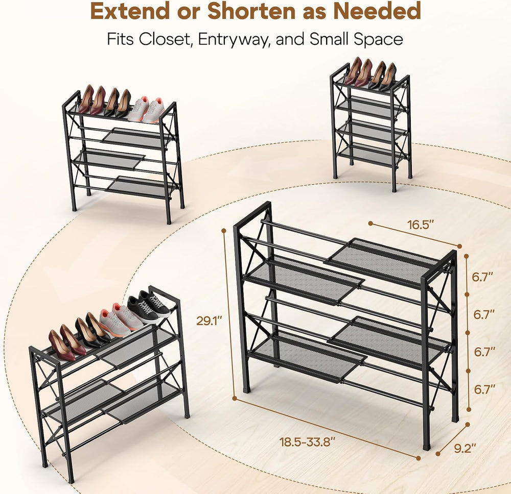 YEASHEIN 4-Tier Expandable Shoe Rack Organizer with Wire Mesh Shelf - Black