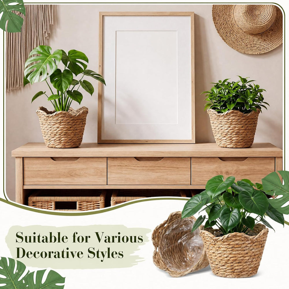 4 Pack Seagrass Woven Plant Basket with Waterproof Plastic Liner, Wicker Stra...