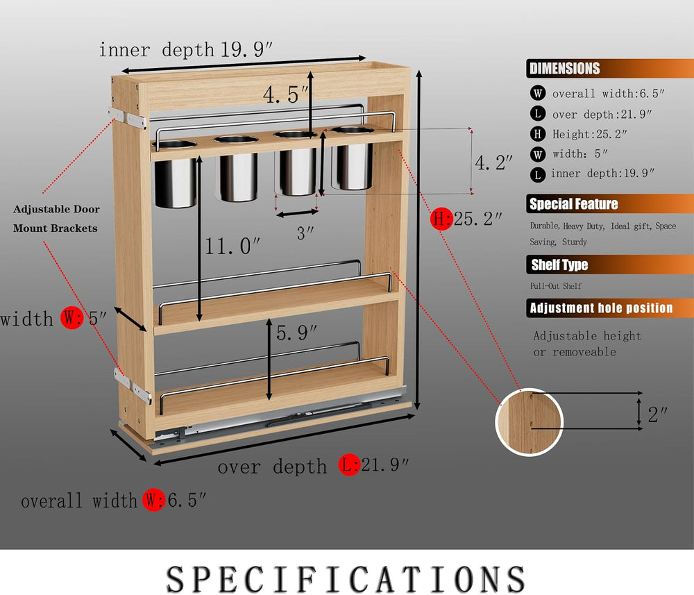 DINDON Pull Out Spice Rack Cabinet Organizer, (5" W x 21.9" D x 25....