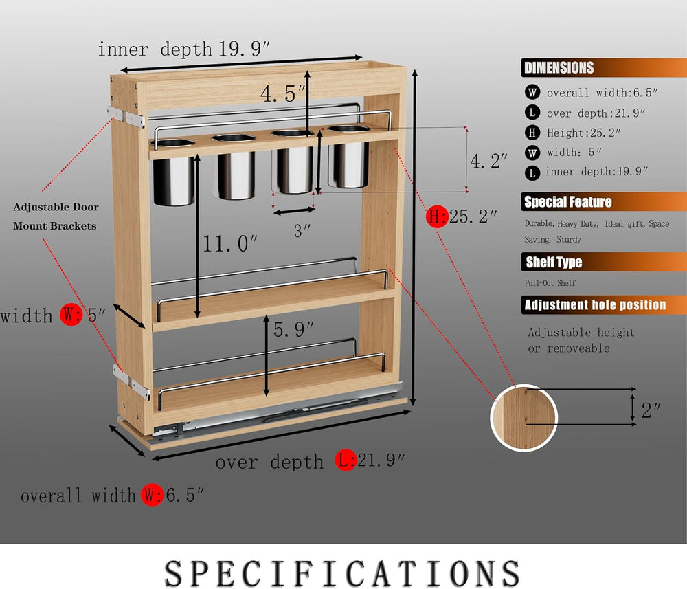 DINDON Pull Out Spice Rack Cabinet Organizer, (5" W x 21.9" D x 25....