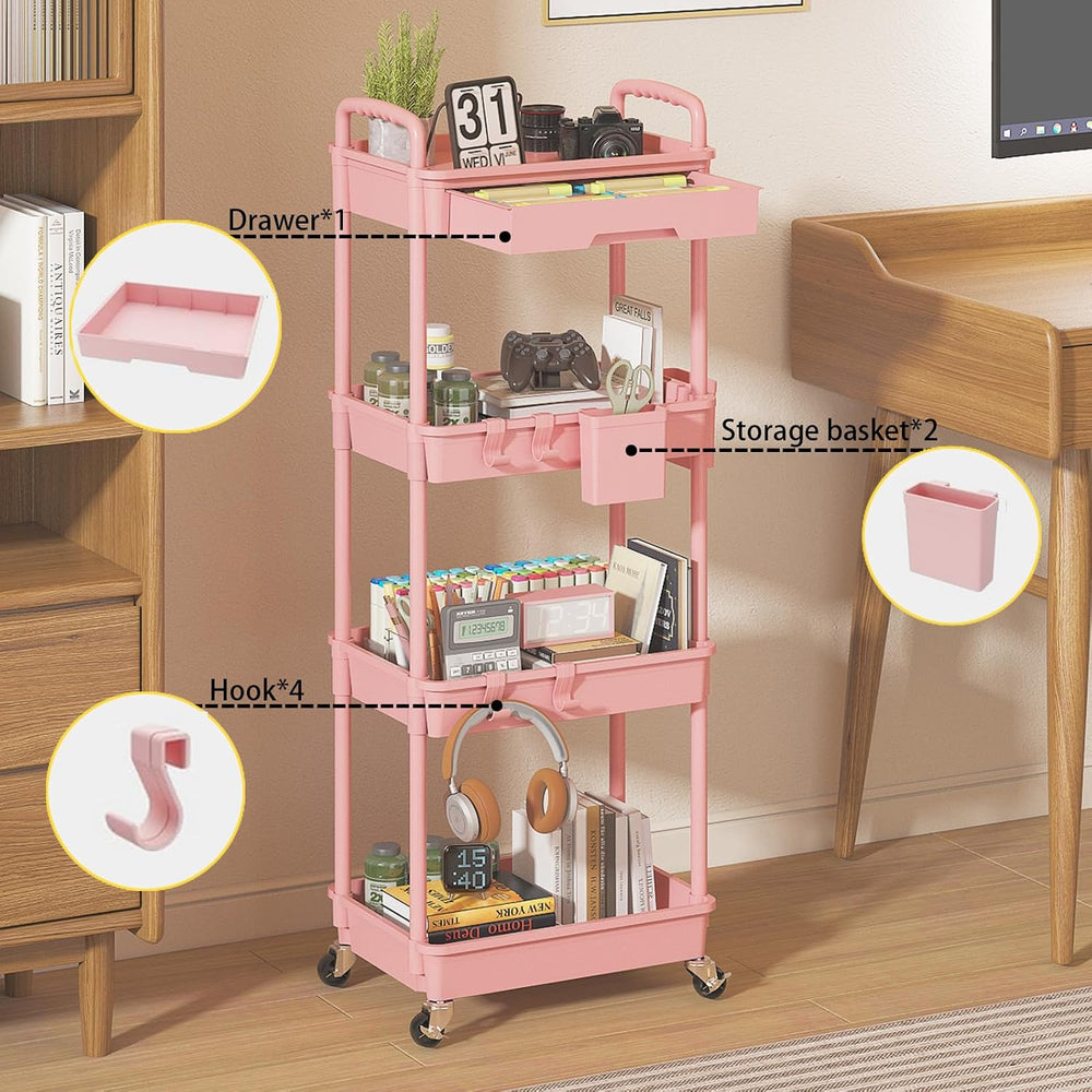 4 Tier Rolling Storage Cart with Drawer, Utility Carts with Wheels