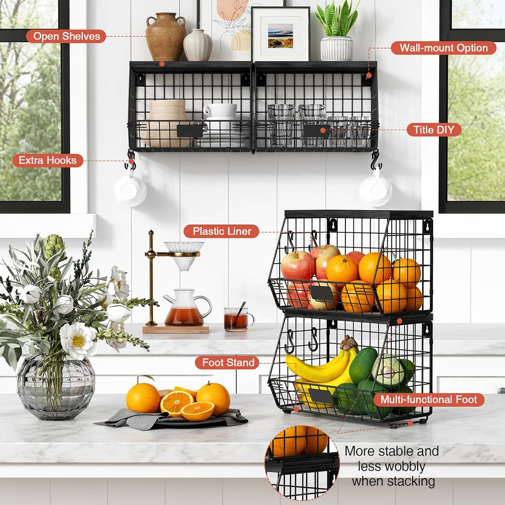 Goozii Black Kitchen Wall Hanging Storage Basket Set of 2, Rustic Stackable K...