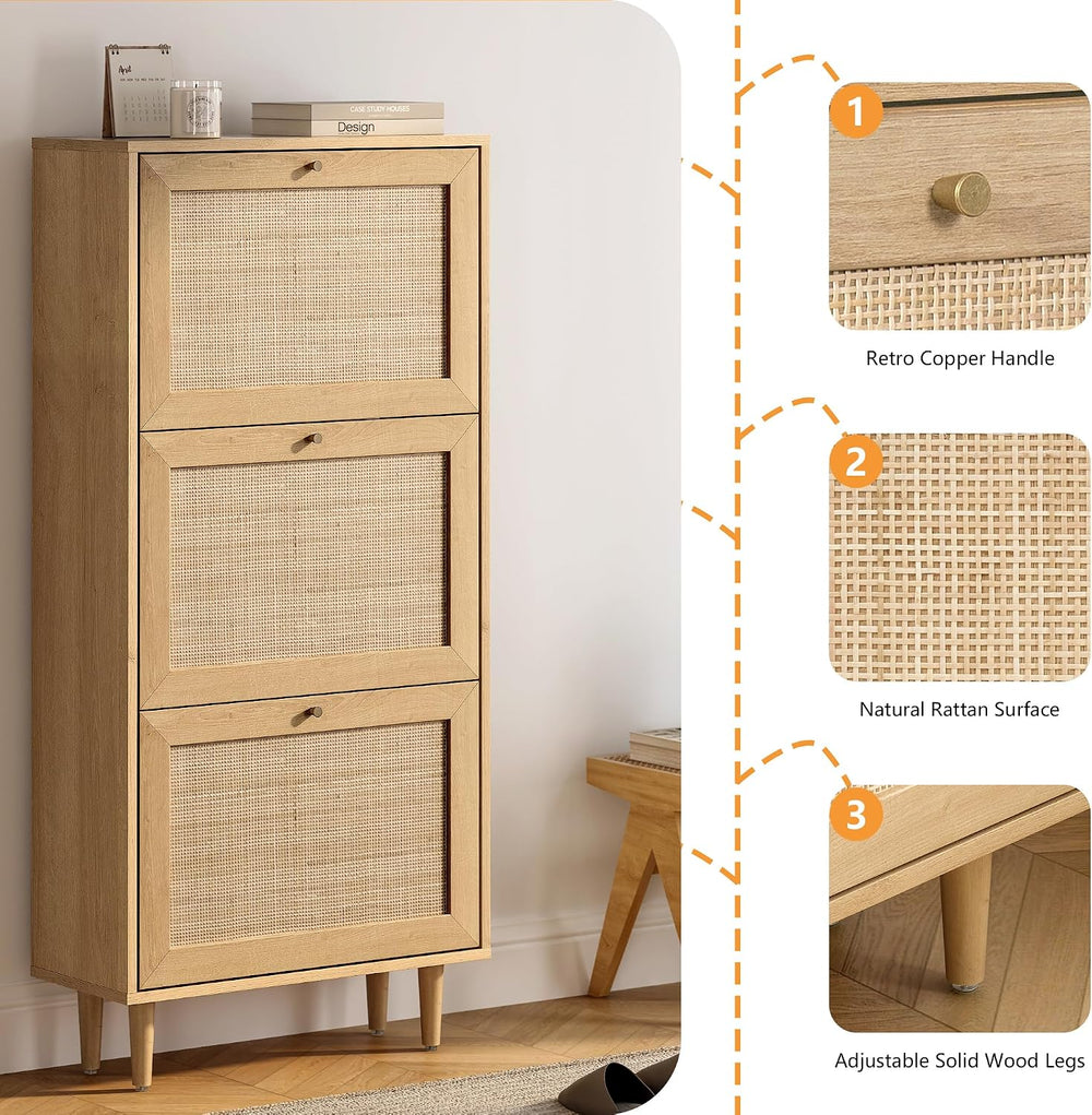 Narrow Shoe Cabinet with 3 Flip Drawers Set of 2 Hidden Freestanding Shoe Rac...