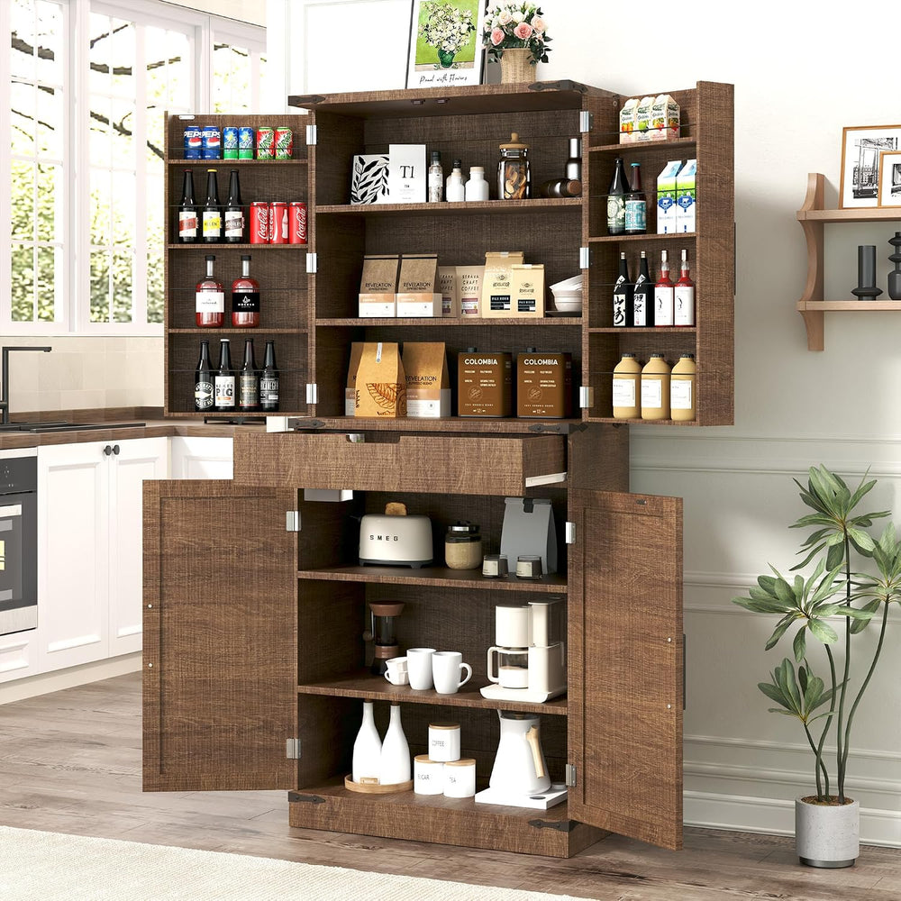 72" Kitchen Pantry Storage Cabinet with Doors and Shelves, Wood Farmhous...