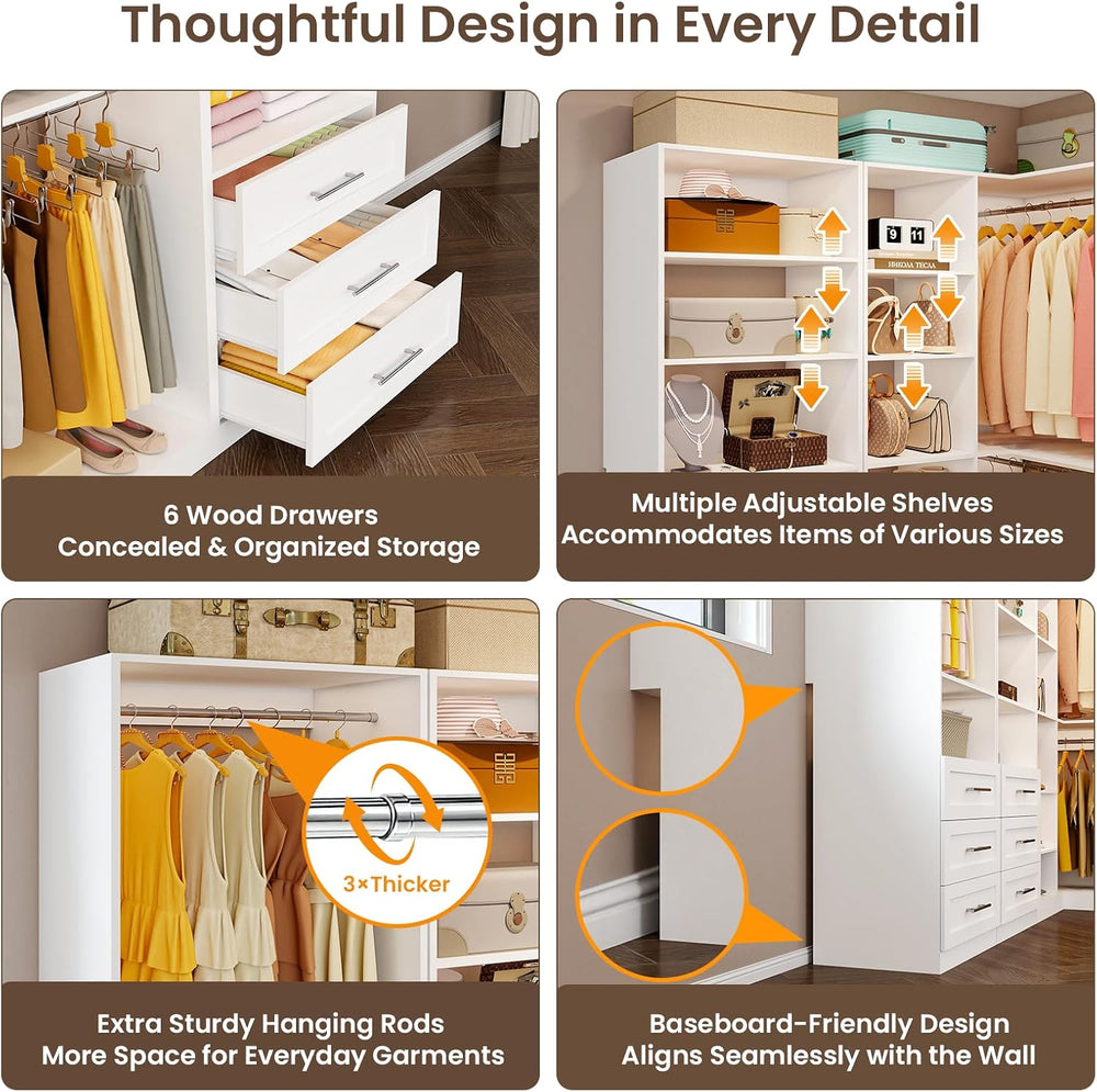 Closet System with 4 Sets, Corner Closet System with 6 Drawers,10 Rods & ...