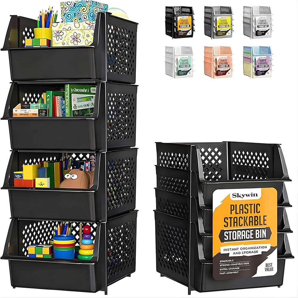 Skywin Stackable Storage Bins Open Front for Pantry Storage, 4 Pack - Black