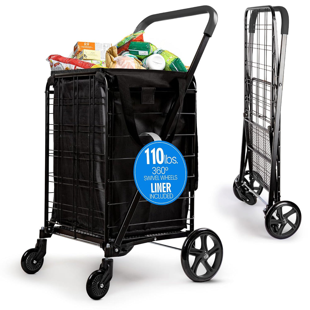 SereneLife Large Folding Utility Shopping Cart with Removable Liner – Heavy D...