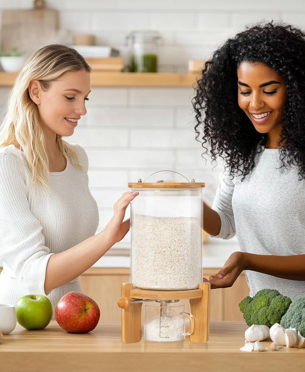 HBlife 5-7 Lbs Glass Rice Dispenser with Wooden Stand Flour and Cereal Contai...
