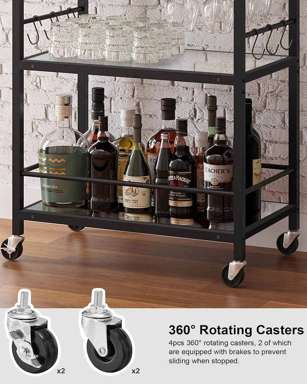 TUTOTAK Bar Cart with 3 Mirrored Shelves, Wine Rack & Glass Holder