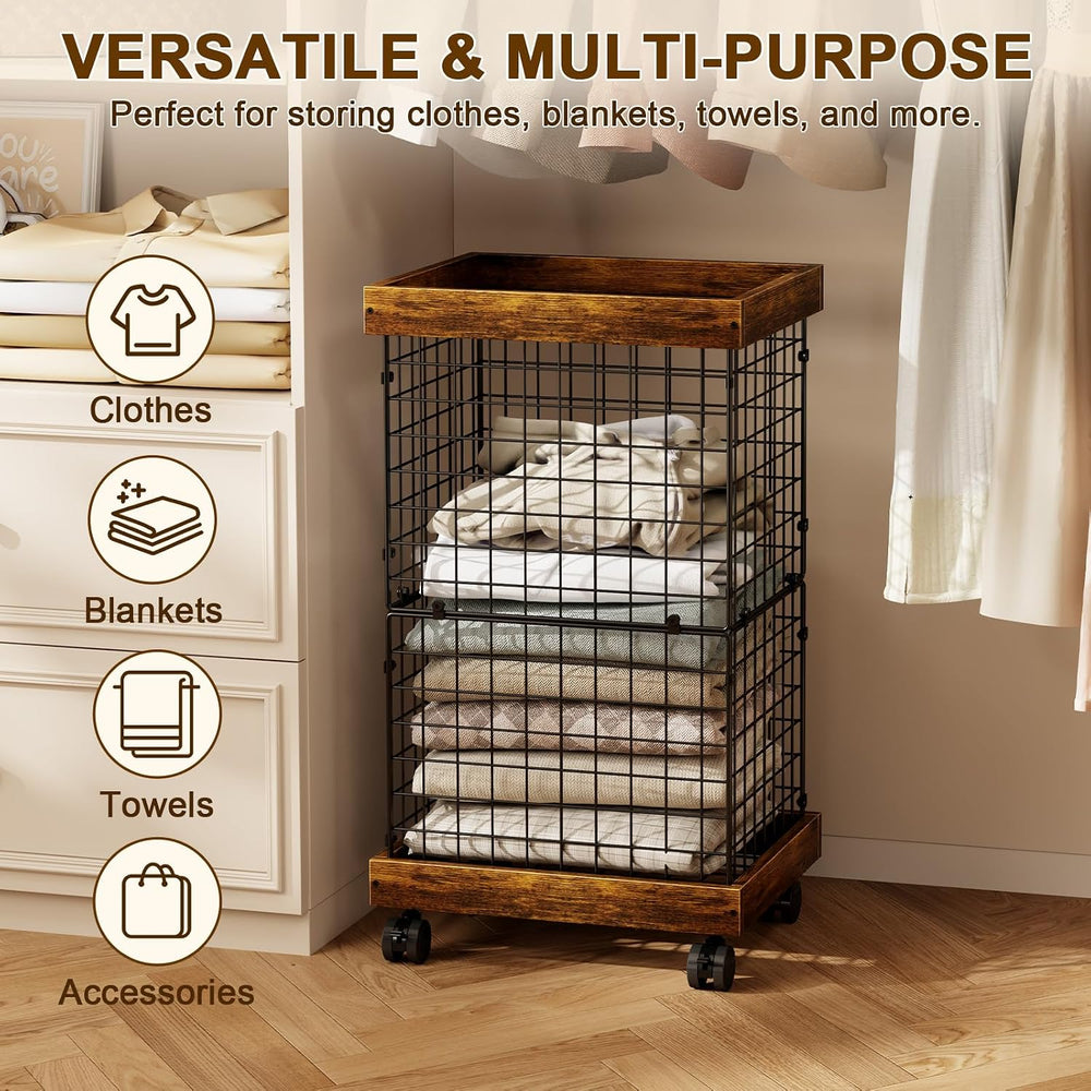 Laundry Basket with Wheels, Rolling Hamper Wooden Wire Laundry Bin