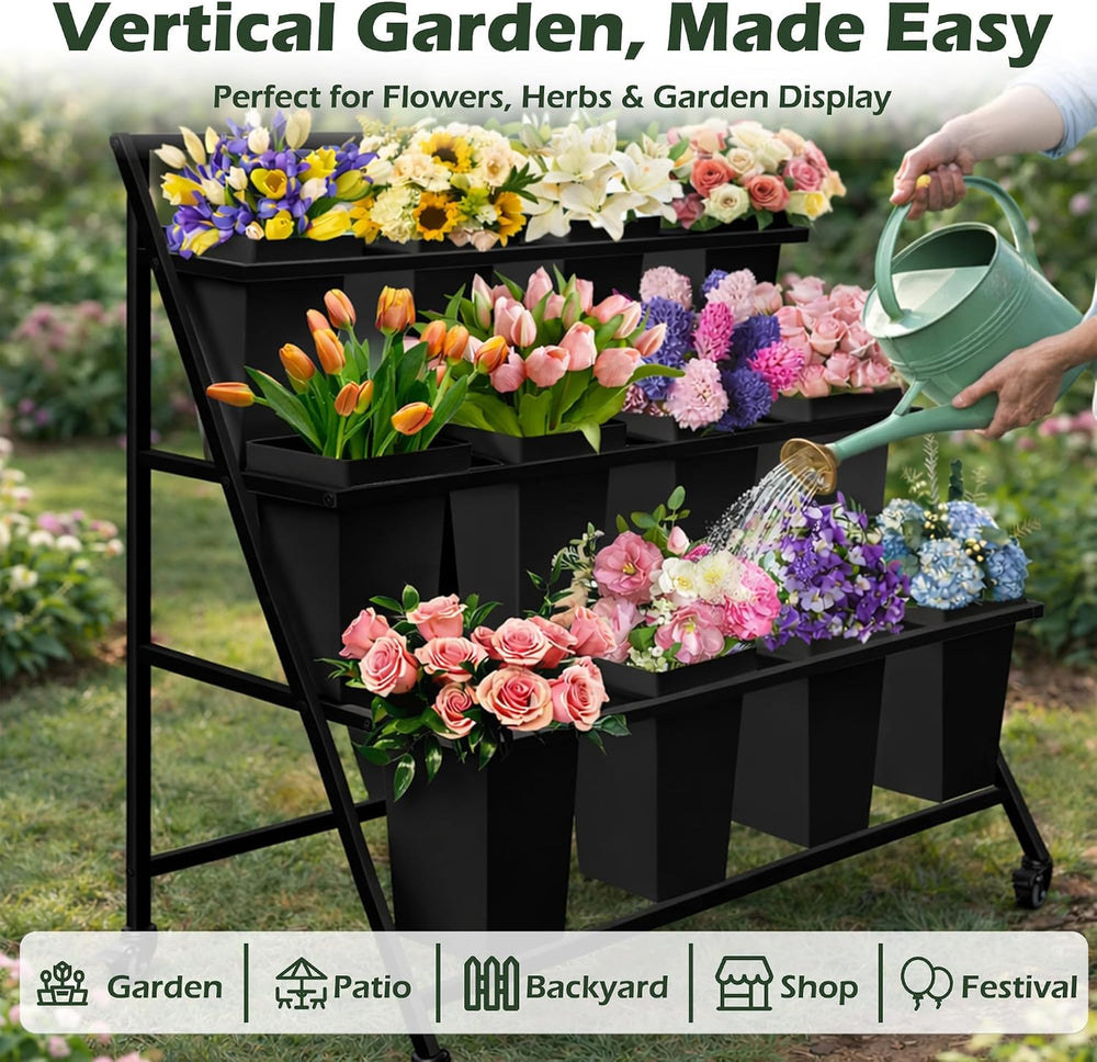 PROLEE Flower Display Stand, 3-Tier Flower Cart with 12 Rectangular Buckets, ...