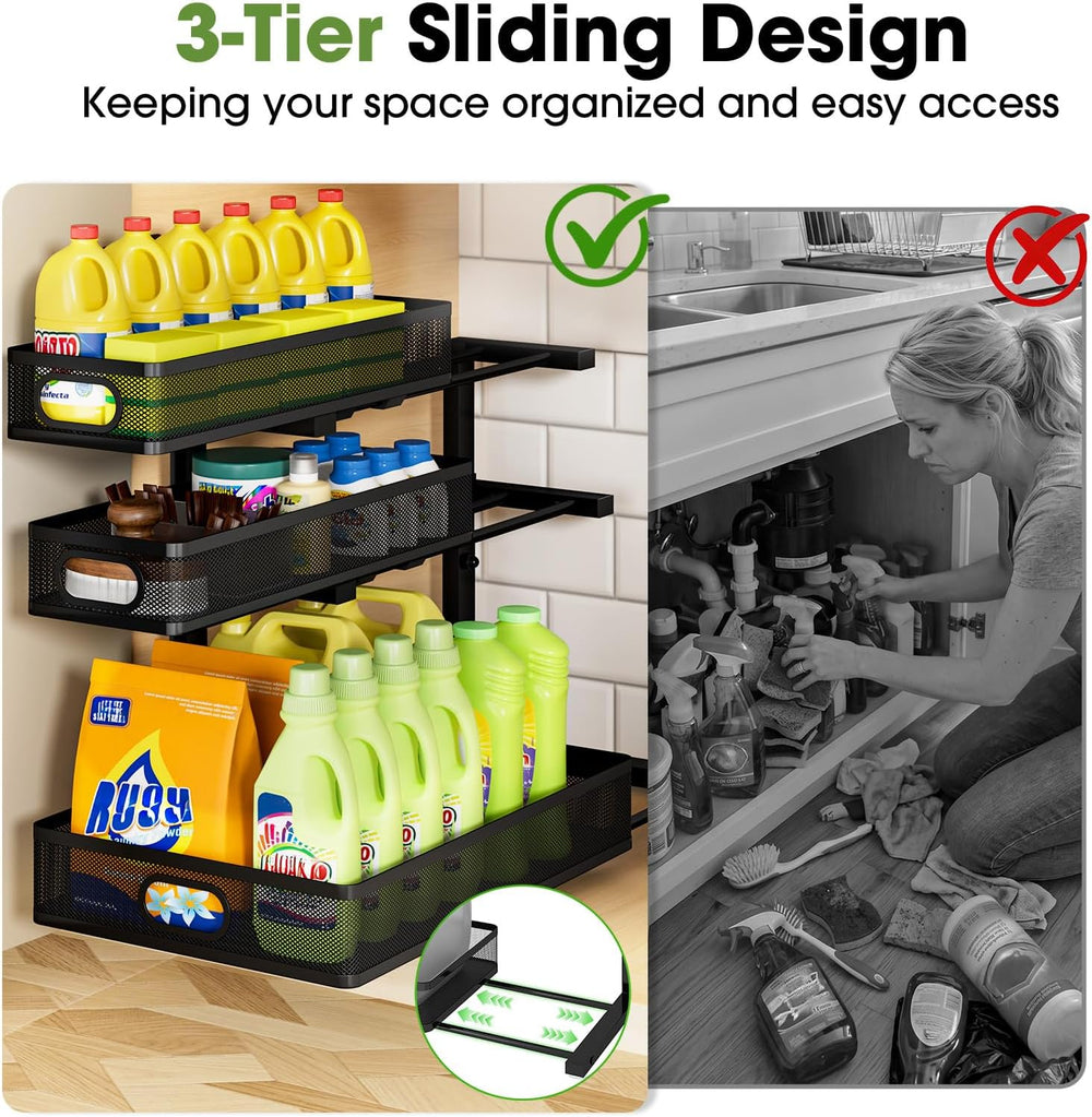 Under Sink Organizer 3 Tier, 2 Pack L-Shaped Pull-Out Cabinet Organizer with ...