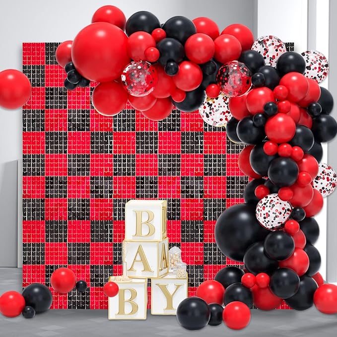 12PCS Black Red Shimmer Wall Backdrop, Square Sequin Photo Backdrops Panel, G...