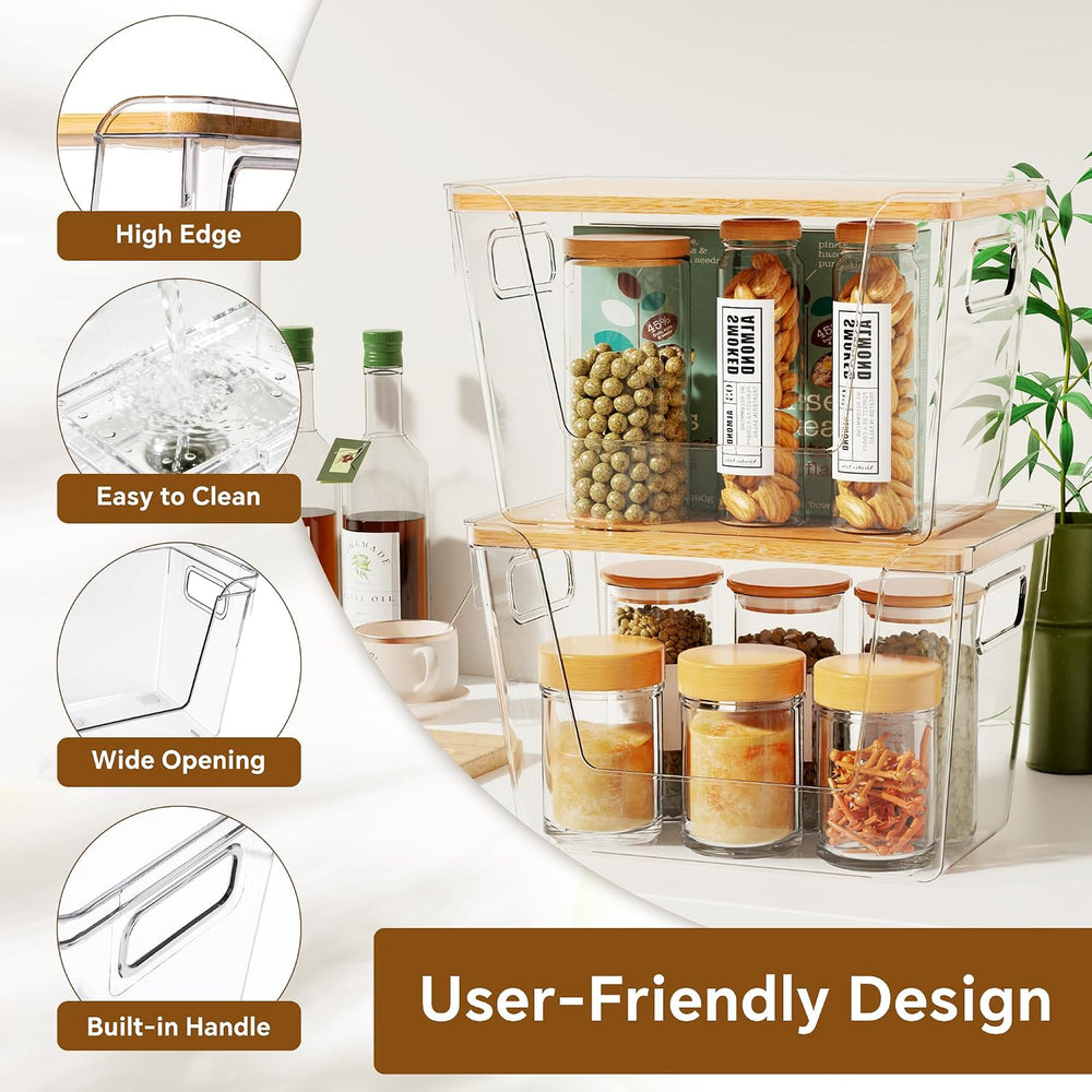 2 Set Pantry Organizers and Storage with Bamboo Lids, Stackable Clear Bins fo...