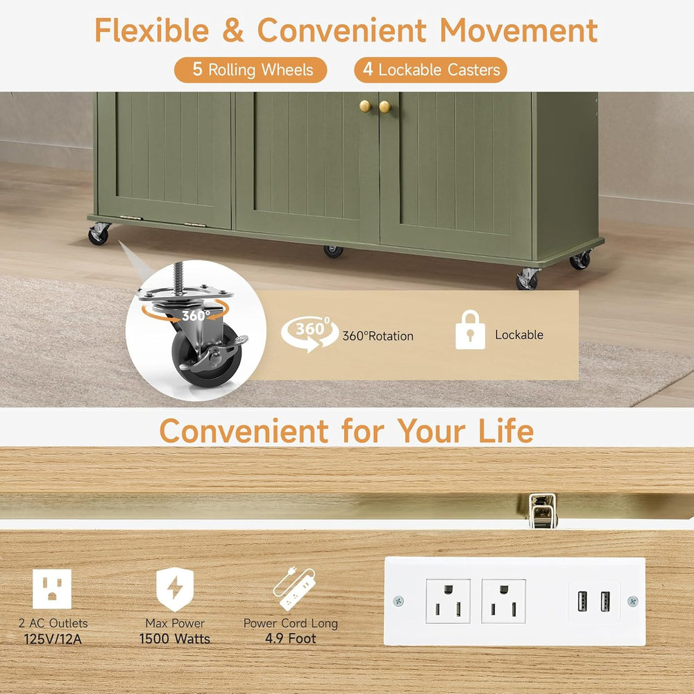 60" Kitchen Island with Drop Leaf & Trash Can Storage, Green+Brown