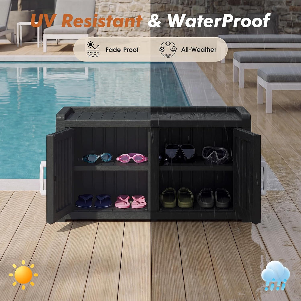 2-Tier Storage Bench, Waterproof UV-Resistant Outdoor Shoe Storage Cabinet wi...