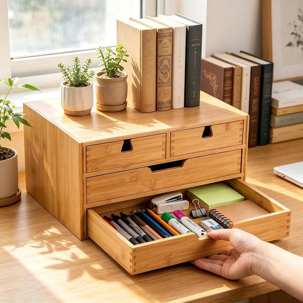 DEAYOU Bamboo Desk Organizer, 100% Natural Bamboo Desktop Drawer Organizer, T...