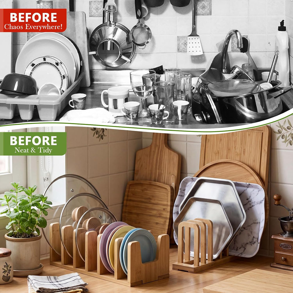2 Pack Bamboo Cabinet Organizer, Board Rack & Pot Lid Holder