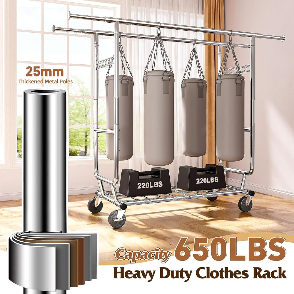 Raybee Heavy Duty Clothes Rack 650LBS Double Rods with Shelf Collapsible
