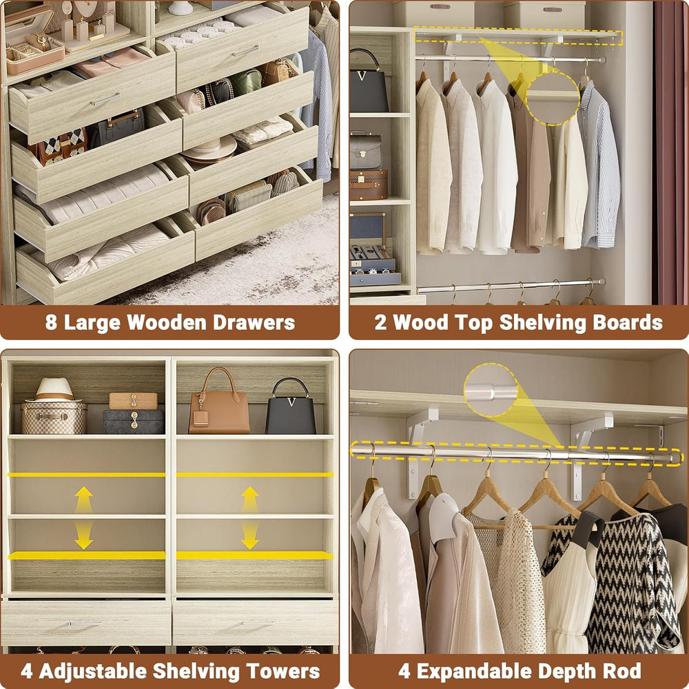 Aheaplus Closet System, Wood Closet Organizer System with 8 Drawers &4 Rods