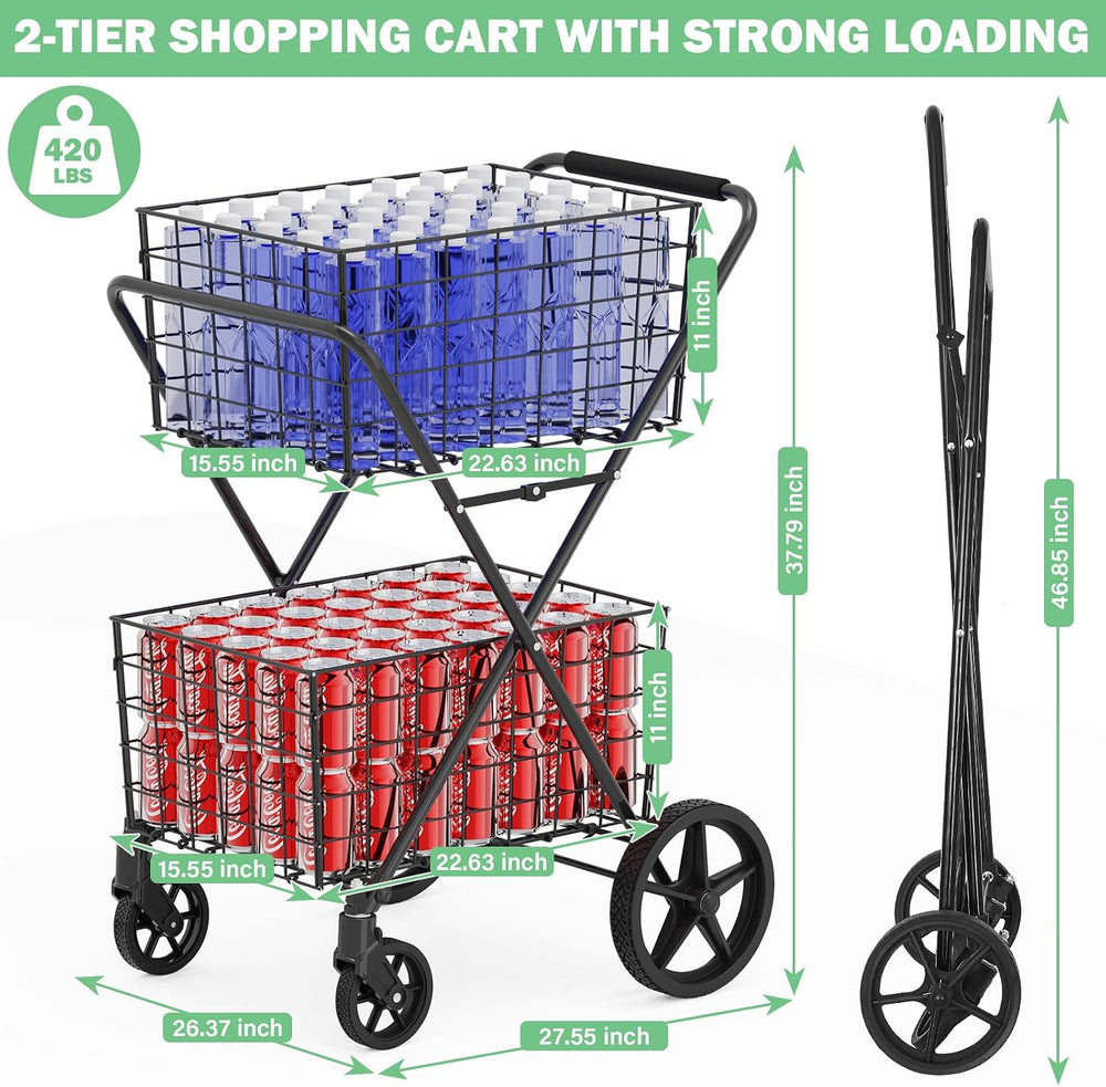 ๐๐๐ 2-Tier Large Collapsible Grocery Cart On Wheels 400lbs Shopping Cart