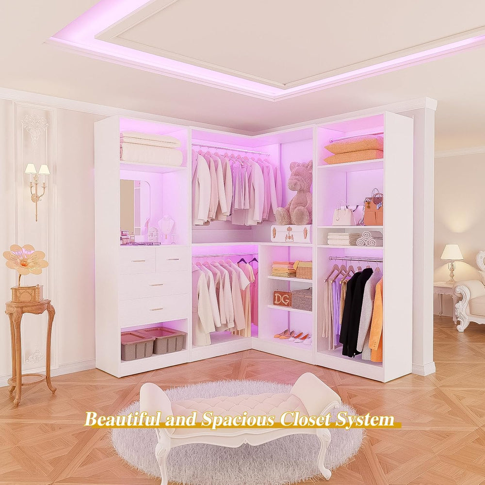 Unikito 86" Corner Closet System with 4 Drawers, 4 Hanging Rods and Mirror