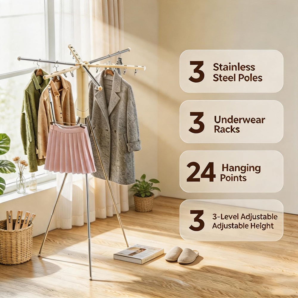 Foldable Tripod Clothes Drying Rack - 6 Clothes Arms & 12 Underwear Clips...