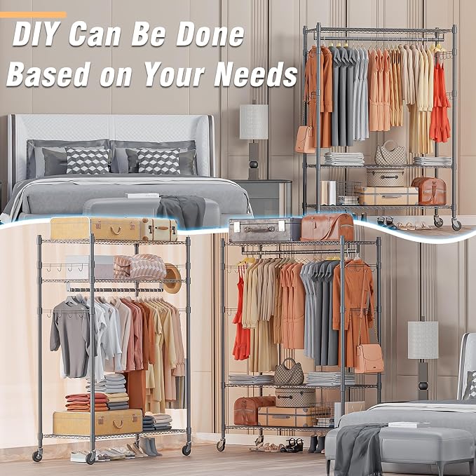 Homdox Heavy Duty Rolling Clothing Rack, Adjustable Garment Rack