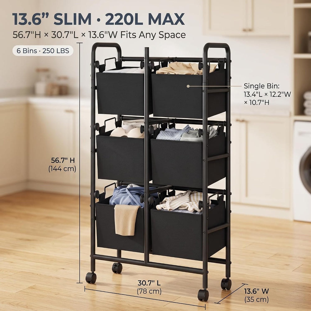 3-Tier Rolling Laundry Sorter Cart, 220L 6-Bag Laundry Hamper on Wheels