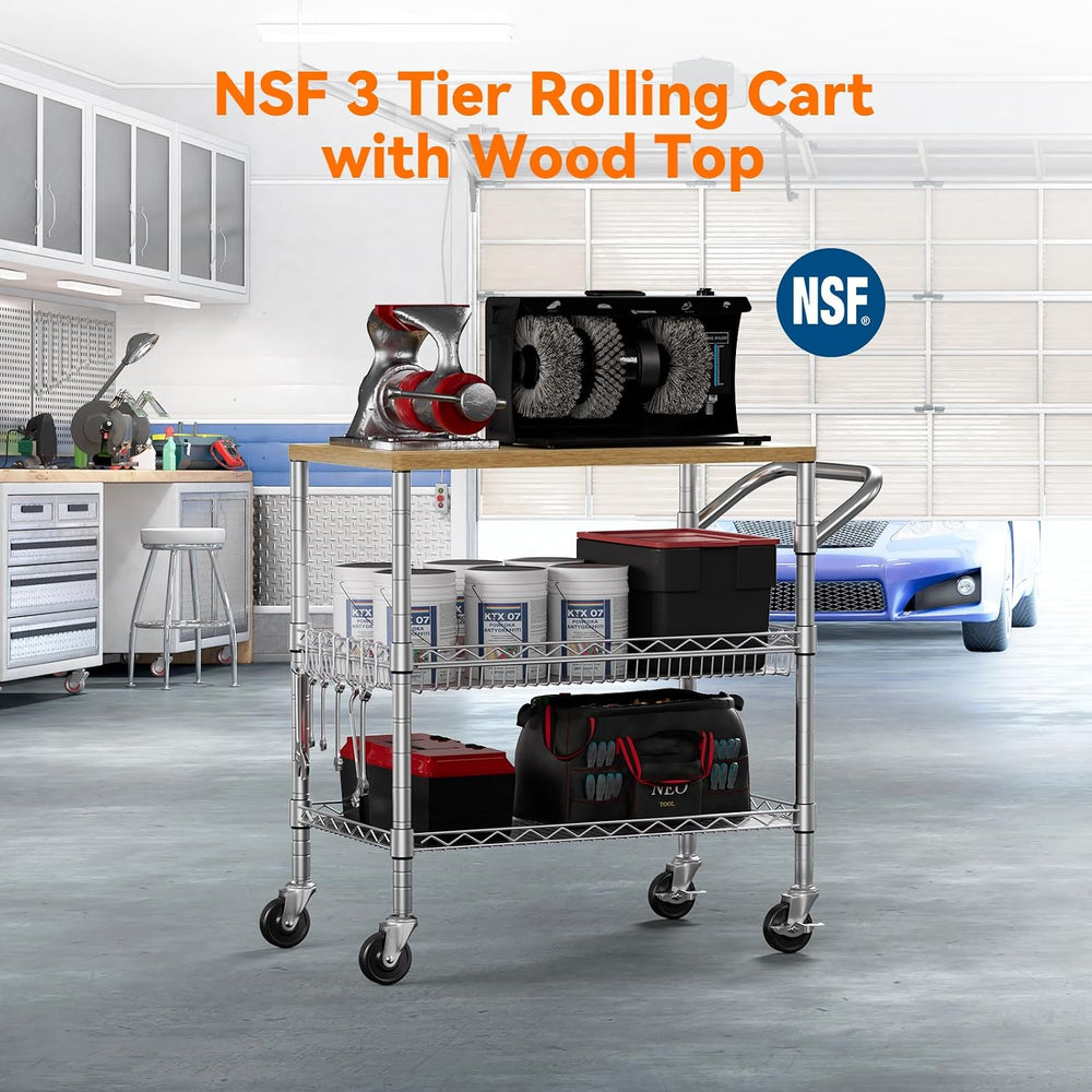 3 Tier Rolling Kitchen Carts on Wheels with Storage,650Lbs Heavy Duty Utility...