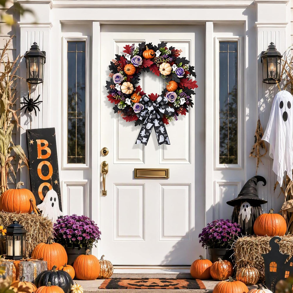 22'' Halloween Wreath for Front Door with Orange, Purple Light