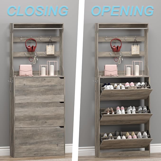 Shoe Cabinet with 3 Flip Drawers & Coat Rack, Narrow Hidden Shoe Storage ...