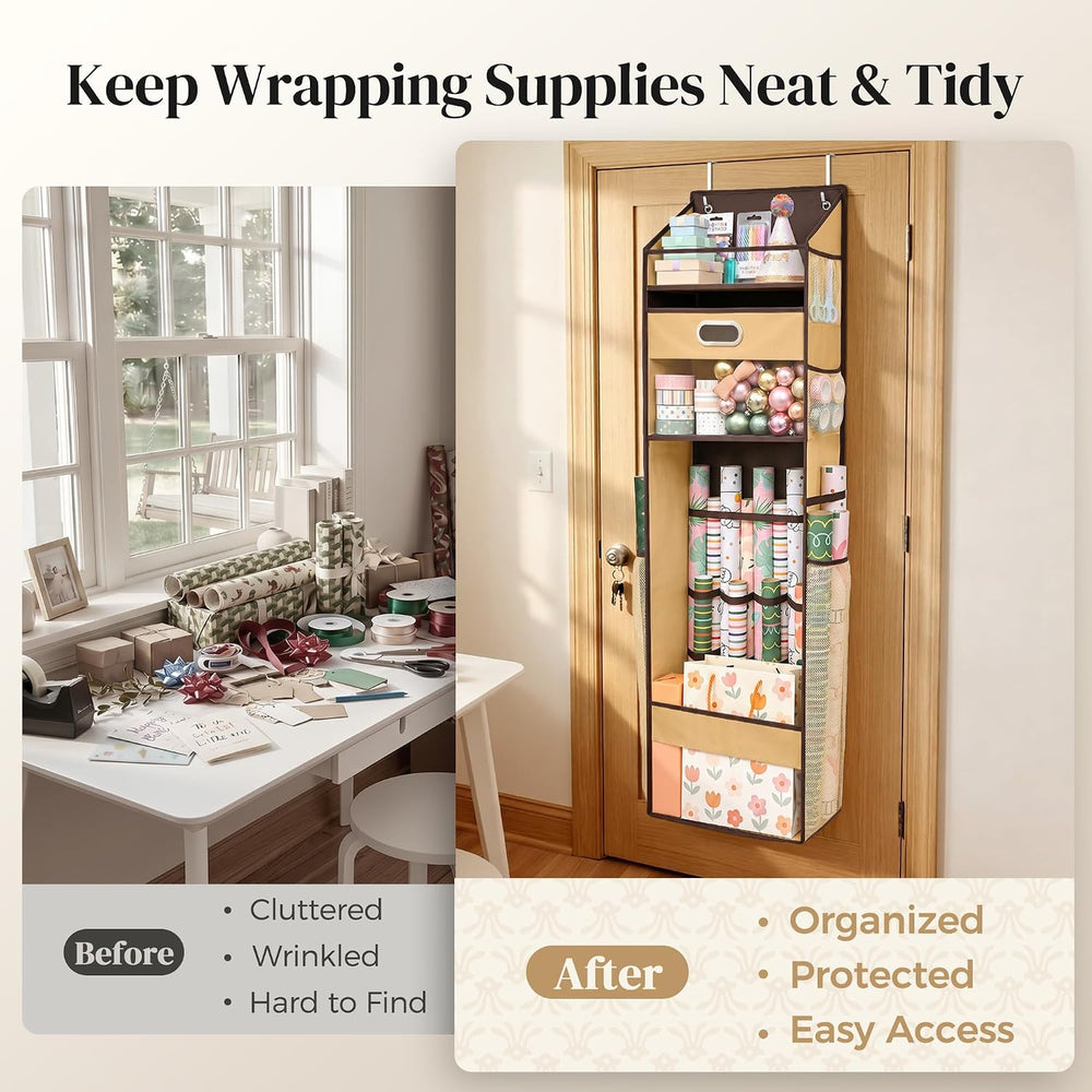Ordovibe Wrapping Paper Storage Organizer, Over The Door Gift Wrap Holder wit...