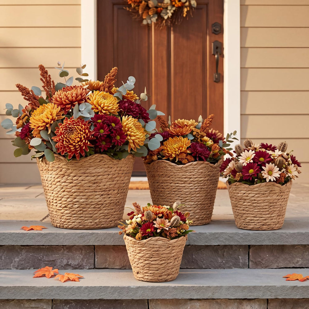 4 Pack Fall Scalloped Wicker Plant Baskets Woven Basket Planter, Wavy
