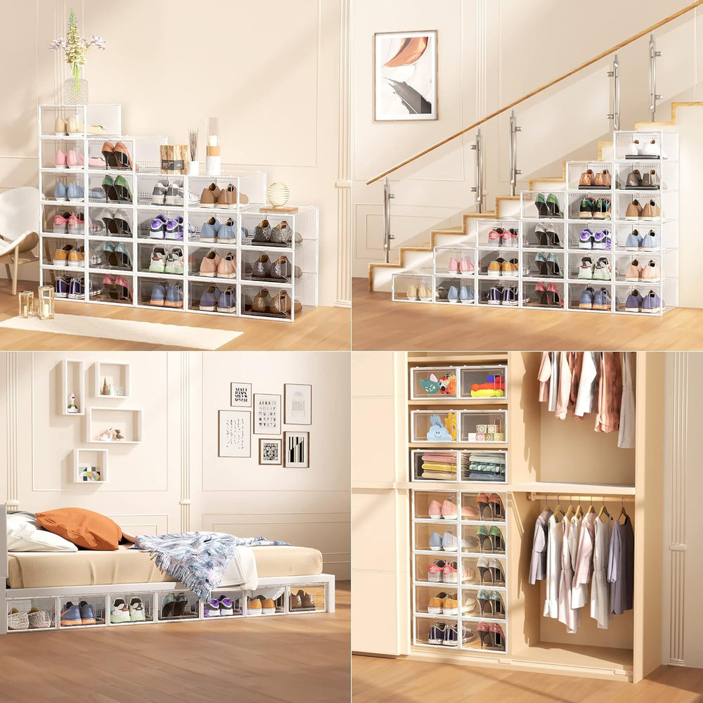 12 Pack Large Stackable Clear Plastic Shoe Storage Boxes Organizer, White