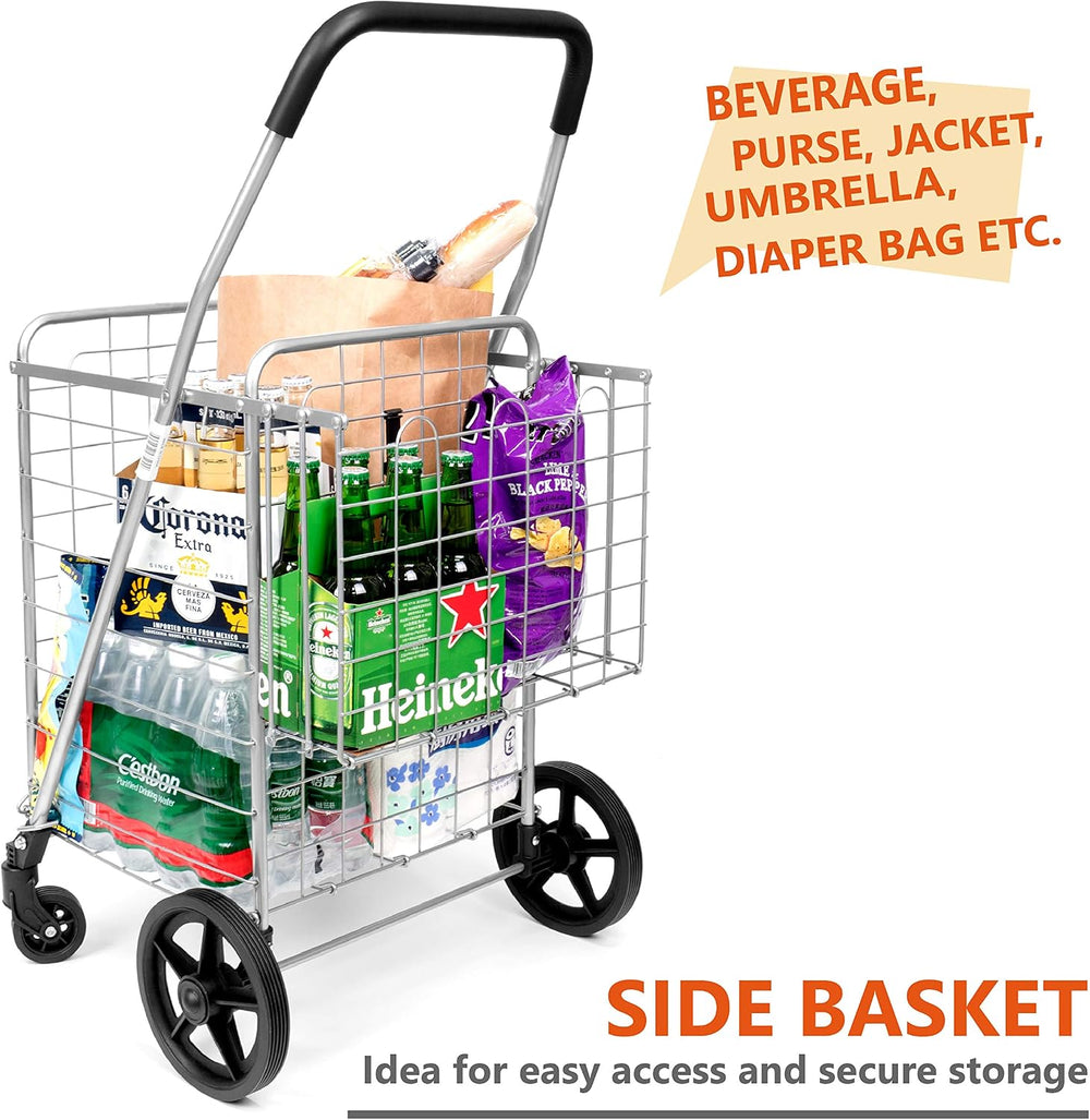 Grocery Utility Shopping Cart - Deluxe Folding Cart with Double Basket and 36...