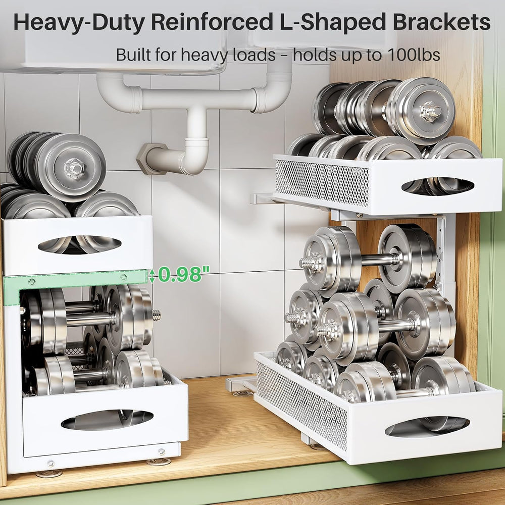 Under Sink Organizer, 2 Tier Pull out Cabinet Organizer Baskets with Mesh Sli...