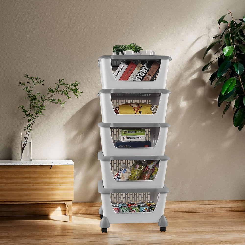 5 Tiers Plastic Kitchen Stacking Storage Baskets Bins, Grey
